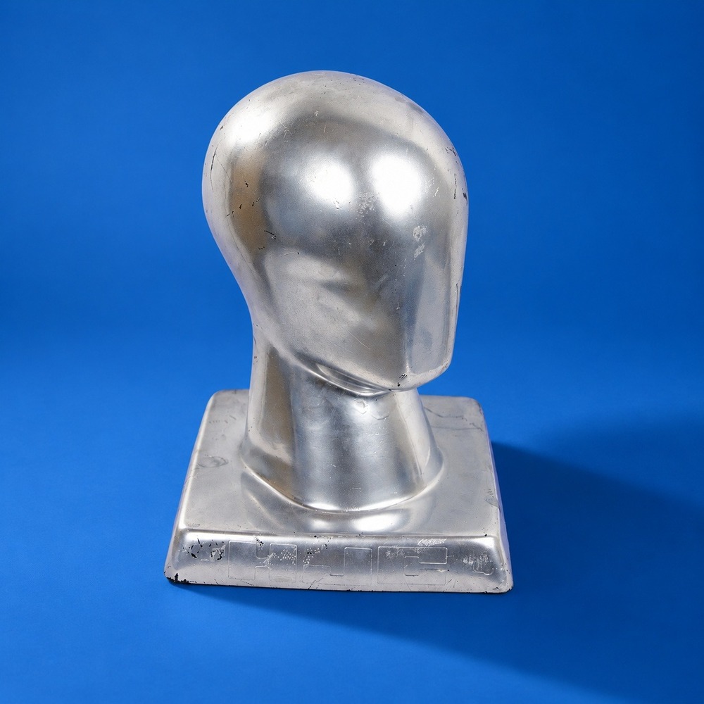 Vintage HJC Chrome Mannequin Head Display Silver Metallic Retail Stand